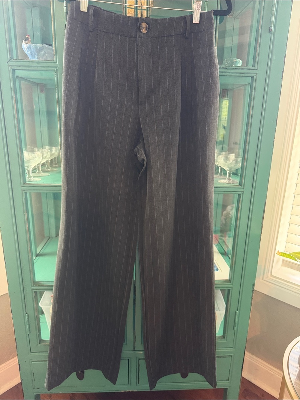 &merci Pinstripe Dress Pants in Charcoal Gray - elastic waist, wide leg EUC